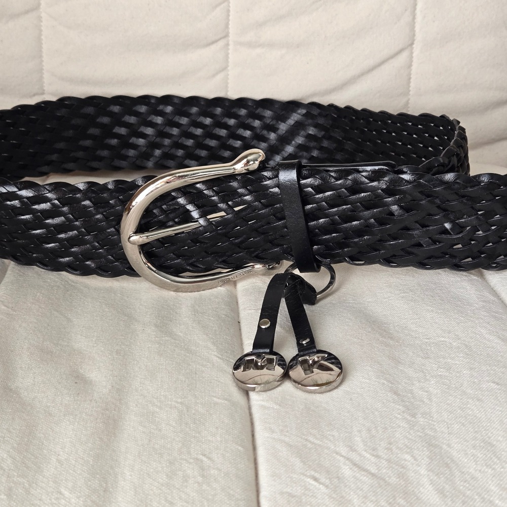 Michael Michael Black Braided Leather Belt Silver Buckle MK Logo Charm Size L